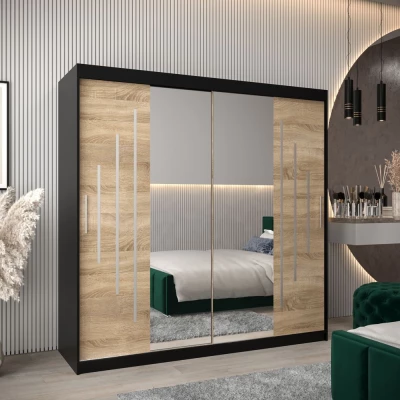 Šatní skříň se zrcadlem SOFIA - šířka 200 cm, černá / dub sonoma