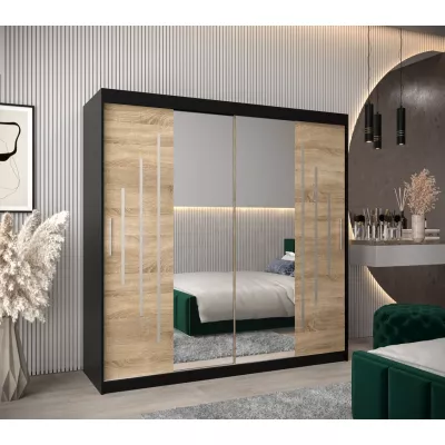 Šatní skříň se zrcadlem SOFIA - šířka 200 cm, černá / dub sonoma