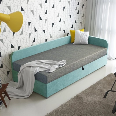 Jednolůžková čalouněná postel VALESKA - 100x200, pravá, šedá / tyrkysová