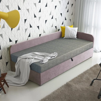 Jednolůžková čalouněná postel VALESKA - 100x200, pravá, šedá / růžová