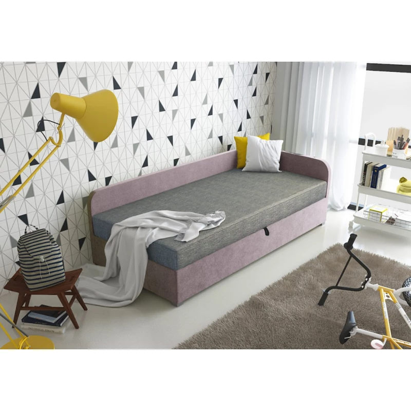 Jednolůžková čalouněná postel VALESKA - 80x200, pravá, šedá / růžová