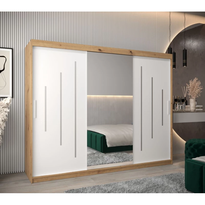 Šatní skříň se zrcadlem ANNA - šířka 250 cm, dub artisan / bílá