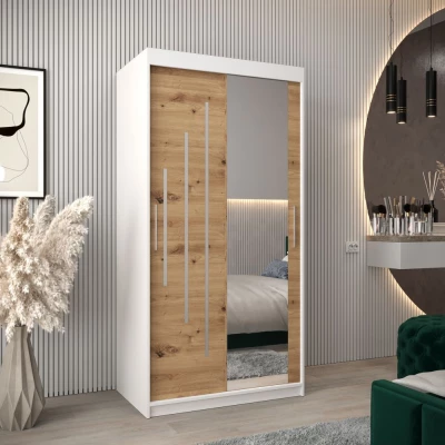 Šatní skříň se zrcadlem EVA - šířka 100 cm, bílá / dub artisan