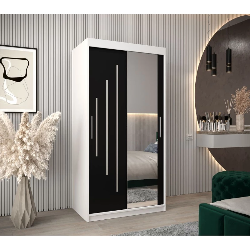 Šatní skříň se zrcadlem EVA - šířka 100 cm, bílá / černá