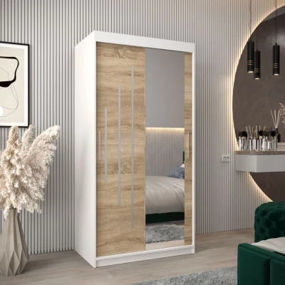 Šatní skříň se zrcadlem EVA - šířka 100 cm, bílá / dub sonoma