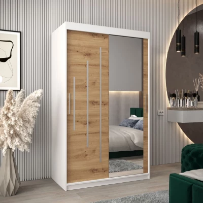 Šatní skříň se zrcadlem MILADA - šířka 120 cm, bílá / dub artisan