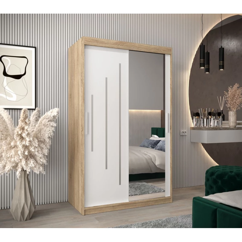 Šatní skříň se zrcadlem MILADA - šířka 120 cm, dub sonoma / bílá