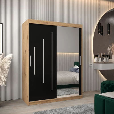 Šatní skříň se zrcadlem ROZALIE - šířka 150 cm, dub artisan / černá