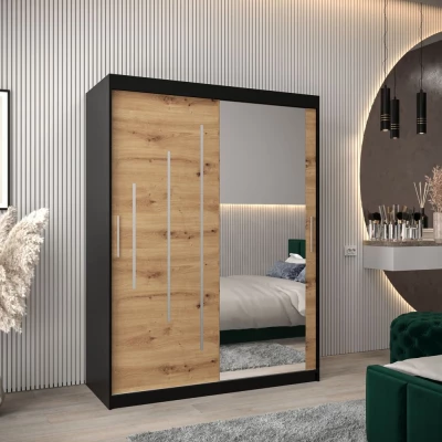 Šatní skříň se zrcadlem ROZALIE - šířka 150 cm, černá / dub artisan