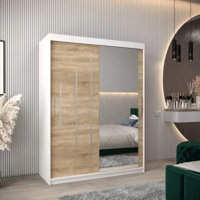 Šatní skříň se zrcadlem ROZALIE - šířka 150 cm, bílá / dub sonoma