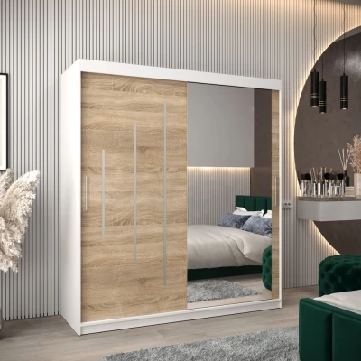 Šatní skříň se zrcadlem LISA - šířka 180 cm, bílá / dub sonoma