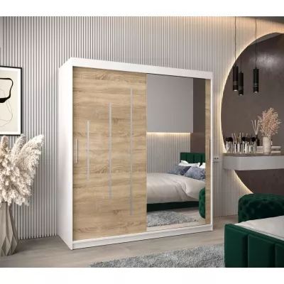 Šatní skříň se zrcadlem LISA - šířka 180 cm, bílá / dub sonoma