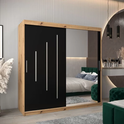Šatní skříň se zrcadlem HANAH - šířka 200 cm, dub artisan / černá