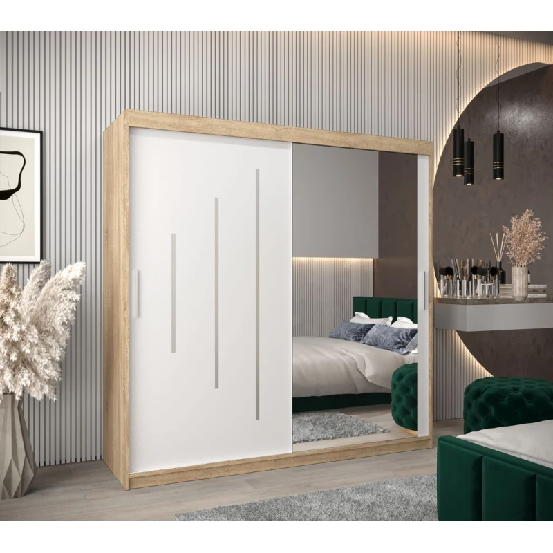 Šatní skříň se zrcadlem HANAH - šířka 200 cm, dub sonoma / bílá