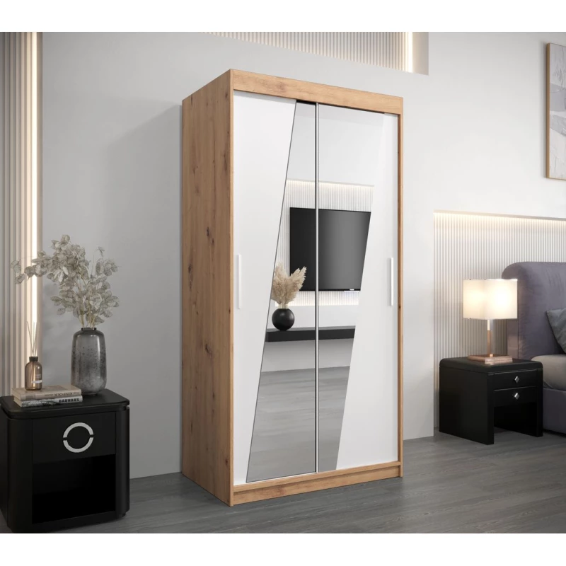 Šatní skříň se zrcadly ERIKA - šířka 100 cm, dub artisan / bílá