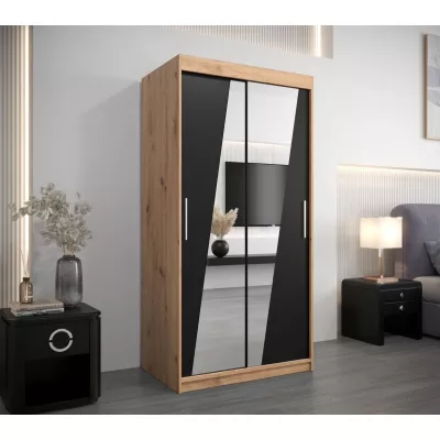 Šatní skříň se zrcadly ERIKA - šířka 100 cm, dub artisan / černá