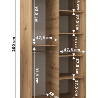 Šatní skříň se zrcadly ERIKA - šířka 100 cm, dub artisan / černá
