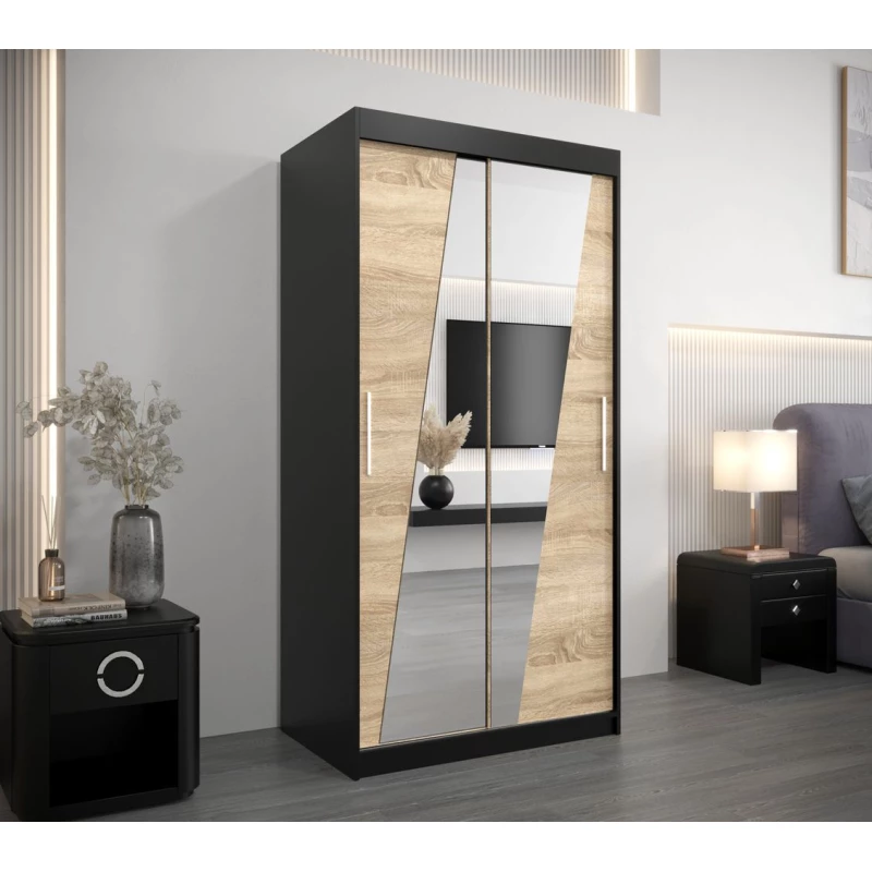 Šatní skříň se zrcadly ERIKA - šířka 100 cm, černá / dub sonoma