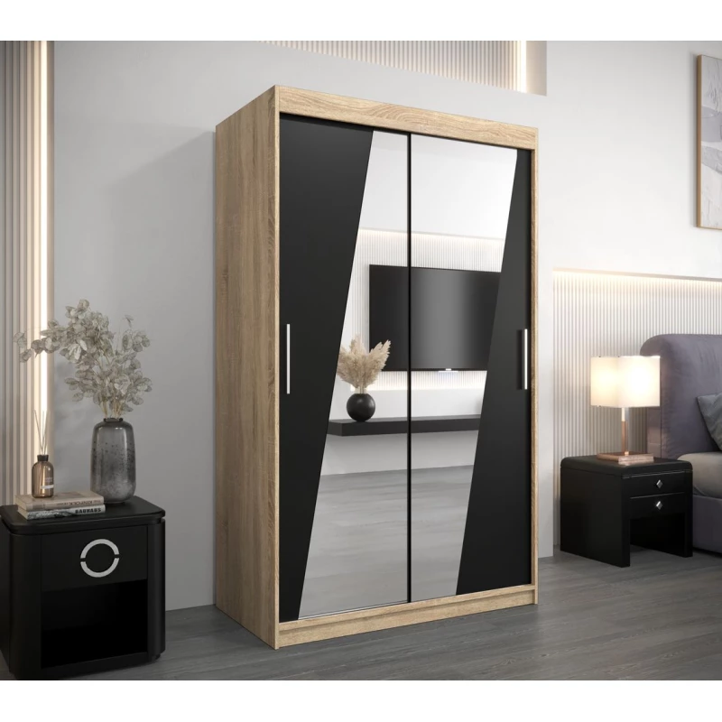 Šatní skříň se zrcadly KAMILA - šířka 120 cm, dub sonoma / černá