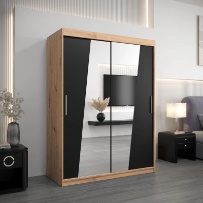 Šatní skříň se zrcadly ELVIRA - šířka 150 cm, dub artisan / černá