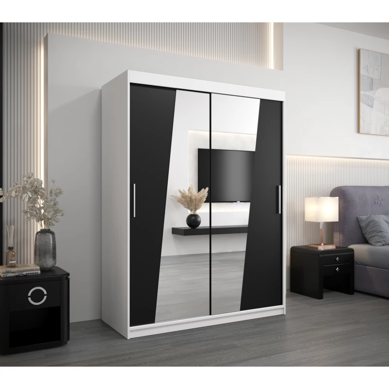 Šatní skříň se zrcadly ELVIRA - šířka 150 cm, bílá / černá