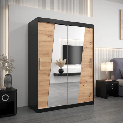 Šatní skříň se zrcadly ELVIRA - šířka 150 cm, černá / dub artisan