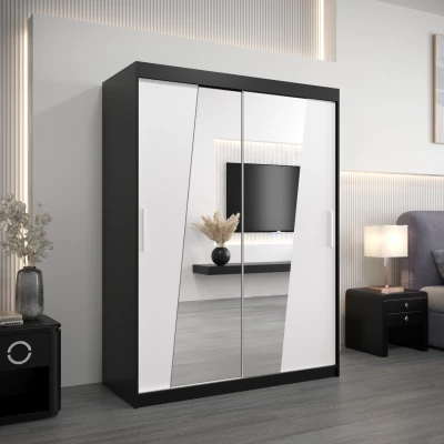 Šatní skříň se zrcadly ELVIRA - šířka 150 cm, černá / bílá