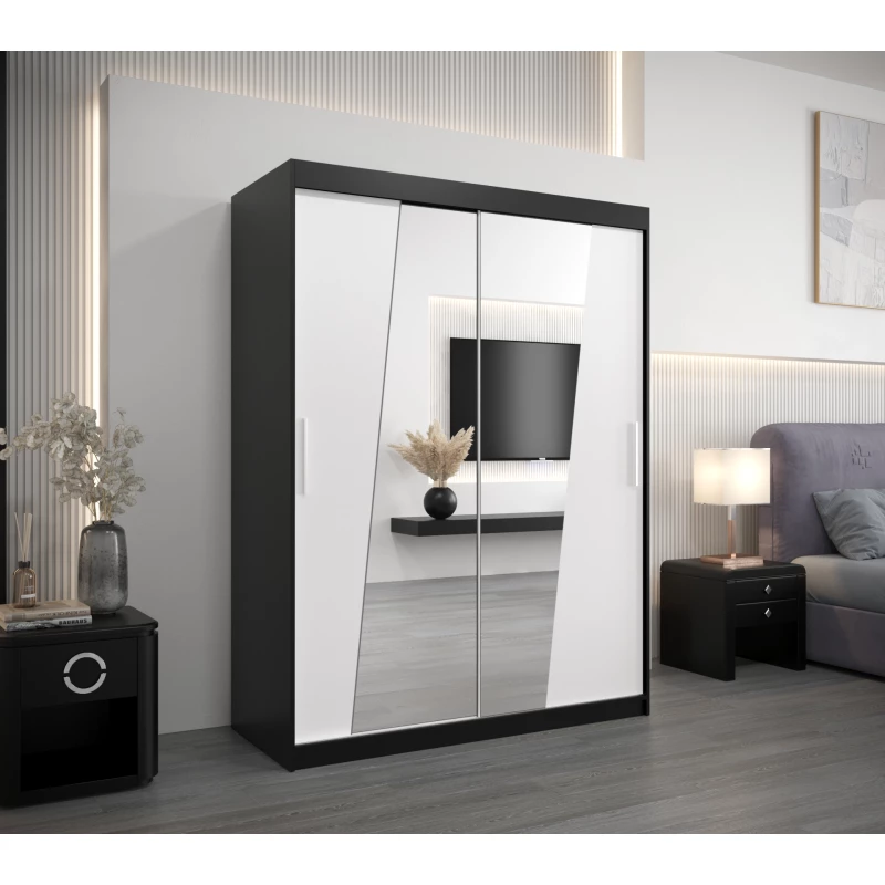 Šatní skříň se zrcadly ELVIRA - šířka 150 cm, černá / bílá