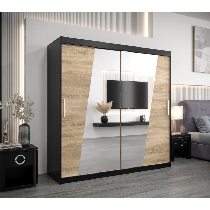 Šatní skříň ESTER - šířka 200 cm, černá / dub sonoma