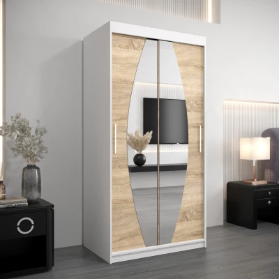 Šatní skříň se zrcadly TAMARA - šířka 100 cm, bílá / dub sonoma