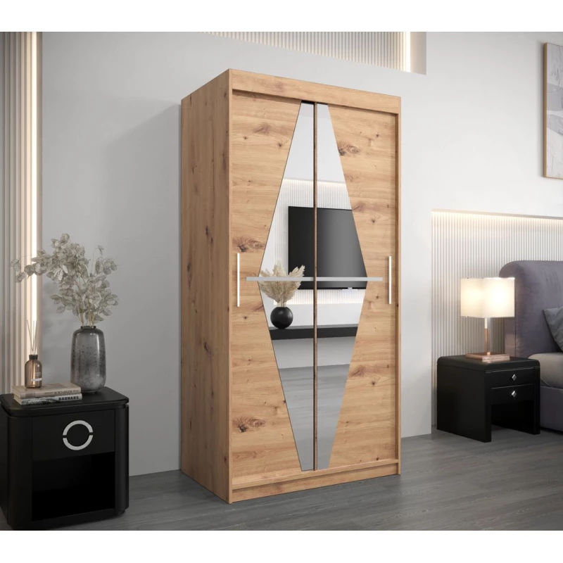 Šatní skříň se zrcadly REBEKA - šířka 100 cm, dub artisan