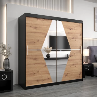 Šatní skříň LAURA - šířka 200 cm, černá / dub artisan