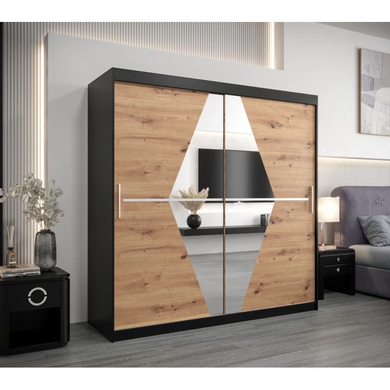 Šatní skříň LAURA - šířka 200 cm, černá / dub artisan