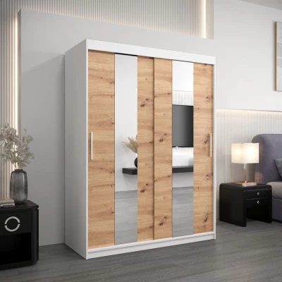 Šatní skříň se zrcadly MARGARET - šířka 150 cm, bílá / dub artisan