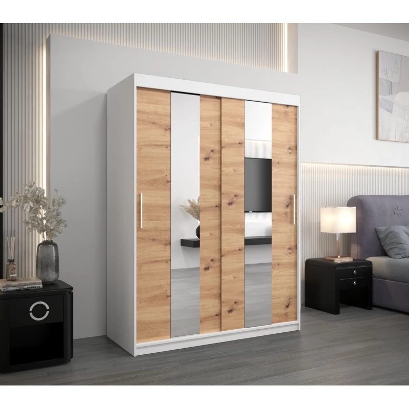 Šatní skříň se zrcadly MARGARET - šířka 150 cm, bílá / dub artisan