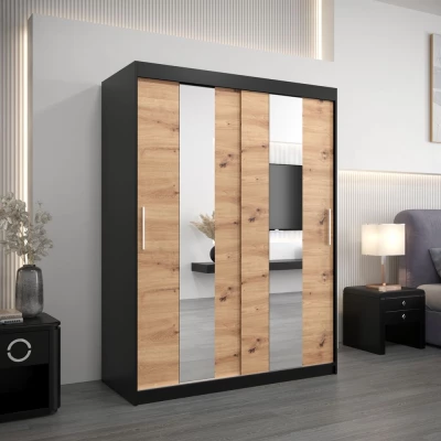 Šatní skříň se zrcadly MARGARET - šířka 150 cm, černá / dub artisan