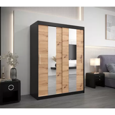 Šatní skříň se zrcadly MARGARET - šířka 150 cm, černá / dub artisan