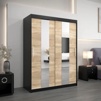 Šatní skříň se zrcadly MARGARET - šířka 150 cm, černá / dub sonoma