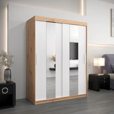 Šatní skříň se zrcadly MARGARET - šířka 150 cm, dub artisan / bílá