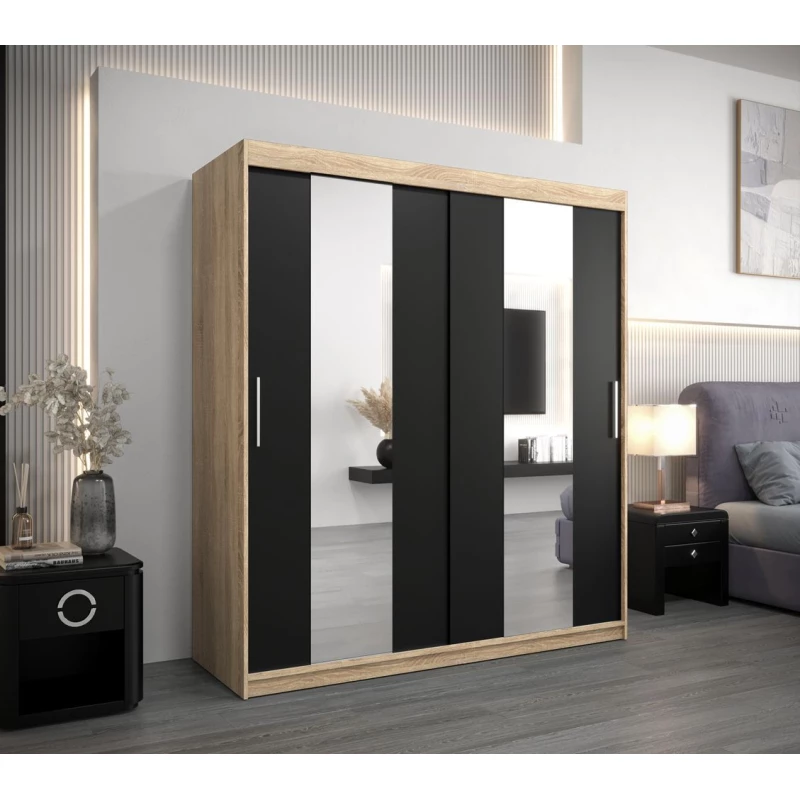 Skříň s posuvnými dveřmi KARIN - šířka 180 cm, dub sonoma / černá