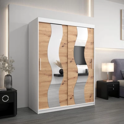 Šatní skříň se zrcadly IRMA - šířka 150 cm, bílá / dub artisan