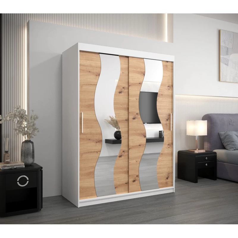 Šatní skříň se zrcadly IRMA - šířka 150 cm, bílá / dub artisan