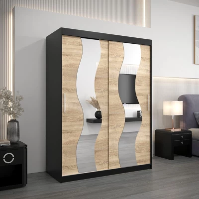 Šatní skříň se zrcadly IRMA - šířka 150 cm, černá / dub sonoma