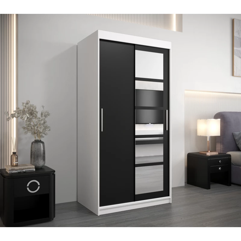 Šatní skříň se zrcadly ARABELA - šířka 100 cm, bílá / černá