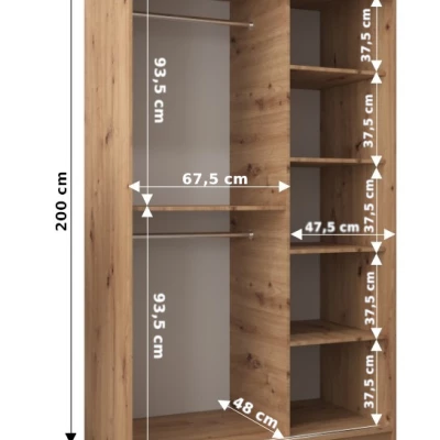 Šatní skříň se zrcadly MARIE - šířka 120 cm, bílá / dub sonoma