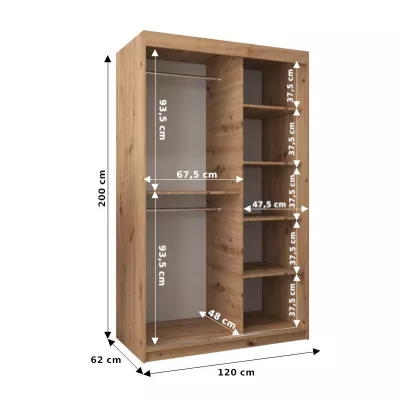 Šatní skříň se zrcadly MARIE - šířka 120 cm, bílá / dub sonoma