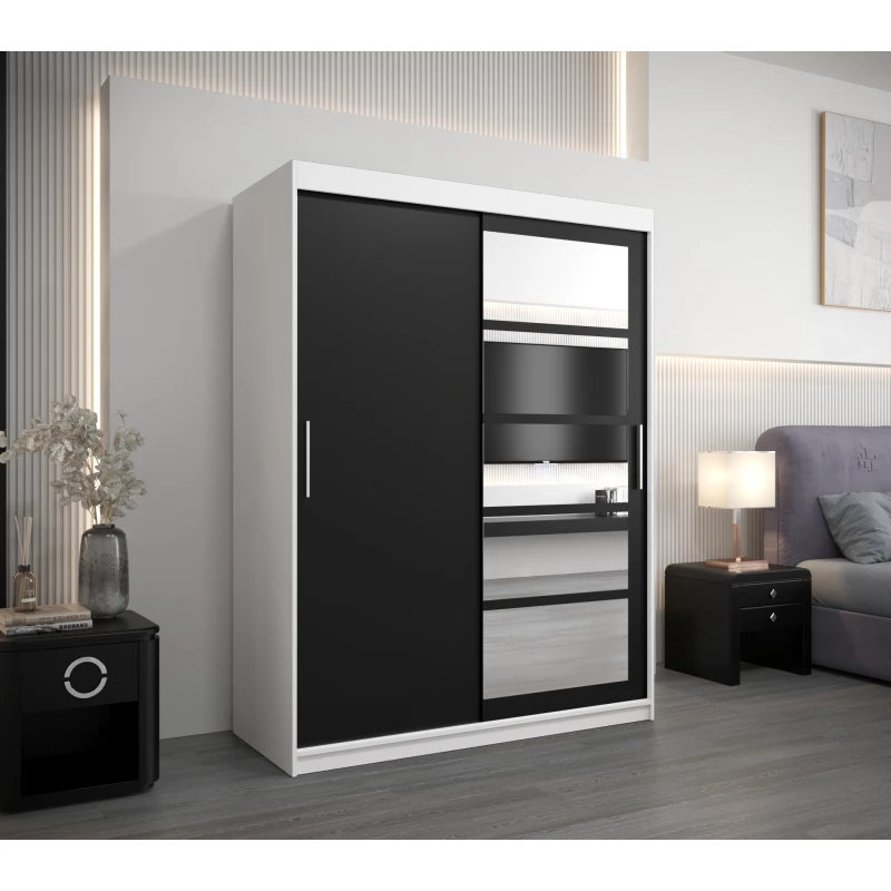 Šatní skříň se zrcadly KLEOPATRA - šířka 150 cm, bílá / černá