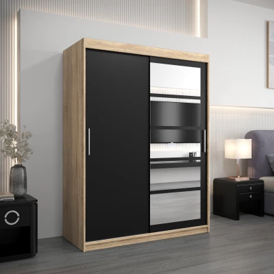 Šatní skříň se zrcadly KLEOPATRA - šířka 150 cm, dub sonoma / černá