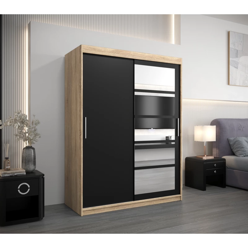 Šatní skříň se zrcadly KLEOPATRA - šířka 150 cm, dub sonoma / černá