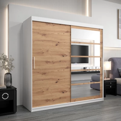 Šatní skříň DENISA - šířka 200 cm, bílá / dub artisan